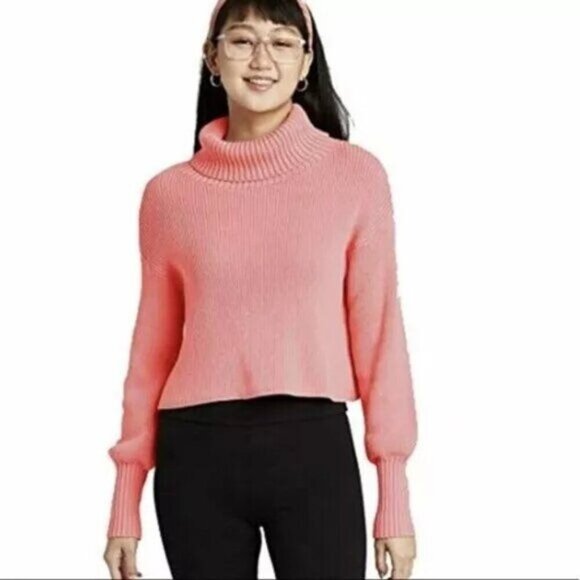 Wild Fable Turtleneck Sweater Pink Cable Knit Stretch Drop Shoulder Cropped - Picture 1 of 10